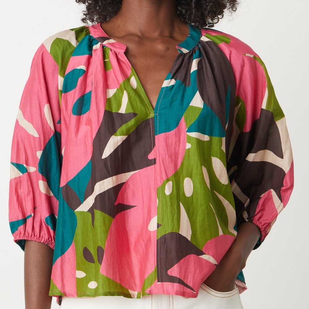 Velvet by Graham & Spencer Ariel Printed Top Womens XS Boxy Fit Bubble Sleeve